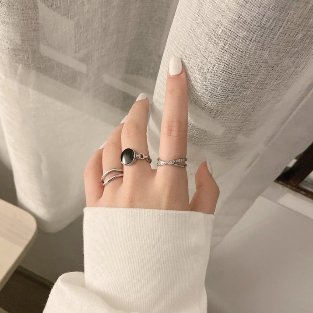 Silver Black Stone 3 Rings Set - Picture 1 of 8